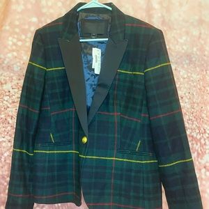 NWT J Crew Green Plaid Blazer w/satin collar!